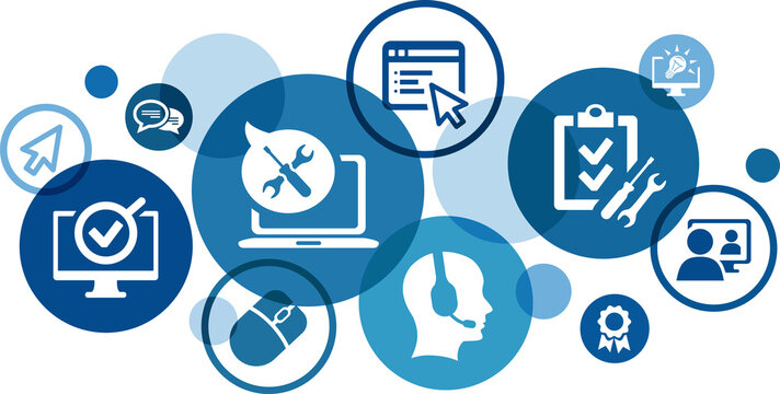 IT support vector illustration. Blue concept with icons related to IT helpdesk, hotline or helpline, remote or online tech support, technical assistance, specialist software support & service.