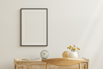 Fototapeta Mockup frame on work table in living room interior on empty white wall background. obraz