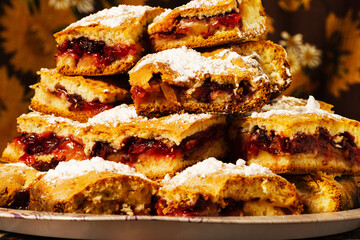 Natural freshly baked homemade pie sliced on a platter