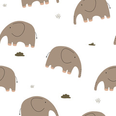Vector seamless repeating color hand-drawn baby pattern with cute animals on a white background. Pattern for kids with elephants. Cute baby animals