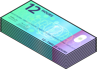 Time is money concept - a bundle of bank note with 12 hours.