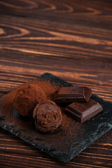 Homemade fresh energy truffle chocolate candies with cocoa powder