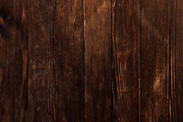 Vintage brown wood background texture with knots and nail holes. Old painted wood wall. Wooden dark horizontal boards