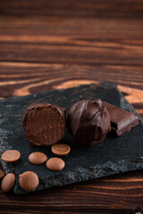 Round chocolate candy dessert close up