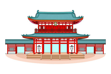 Gate or Main entrance of Heian shrine – The famous shrine in Kyoto city Japan drawing in colourful vector – The building have a signboard or plate shown Japanese text mean Otenmon gate
