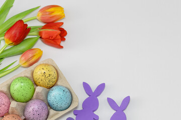 Colored Easter eggs and red tulips on white background. 