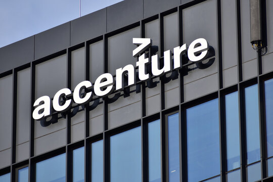Accenture logo on the facade of multinational business management consultant company. WARSAW, POLAND - AUGUST 28, 2021