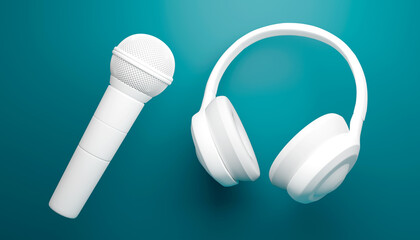 3D Rendering white headphones and microphone on turquoise background. Horizontal banner.