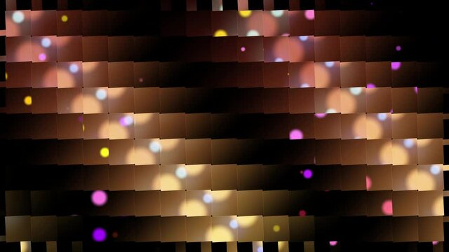 Abstract flying multi-colored particles against the background of mirror refraction in the rays of the sun. Close-up. Flashing neon light spot. Disco decor. 3D. 4K. Isolated black background.