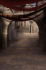 Obraz premium 3D illustration of a narrow street in an old medieval Arabian town with archway leading to steps.