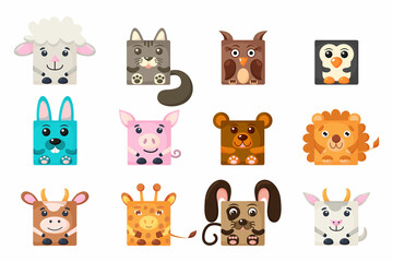 Cute cartoon square animals face, vector zoo sticker isolated on white background