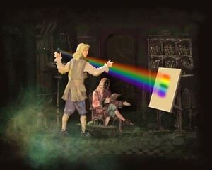 Isaac Newton gets the light spectrum, dispersion of light, science of light - obrazy, fototapety, plakaty
