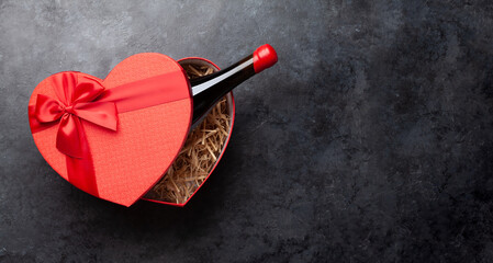 Valentines day heart gift box and wine