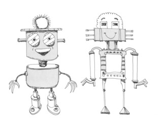 Robots are friends. Cartoon drawing. Kind robots. Ink drawing.