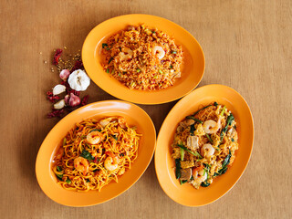 Sambal Fried Rice, Mee Goreng chines food table top view