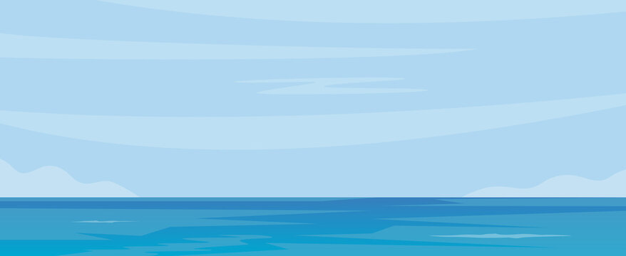 Blue sea and sky background. Calm sea surface, sky, clouds. Vector illustration.