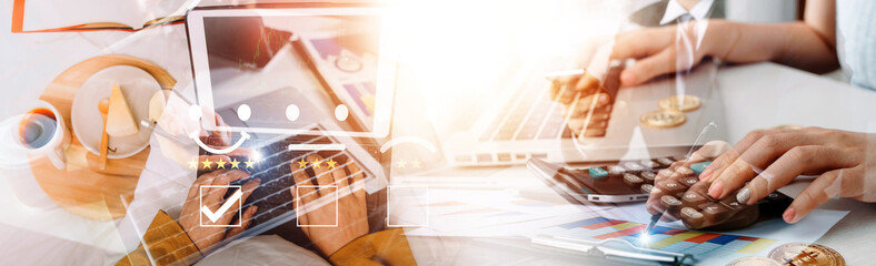 Customer service evaluation concept. smiling Asian female Is using a smartphone And she is smiling in satisfaction. Give five star