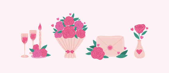 vector set for valentine's day. drawings of a bouquet, candles and a love letter. romantic hand drawn stickers.