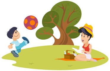 Family playing soccer. Illustration for internet and mobile website.