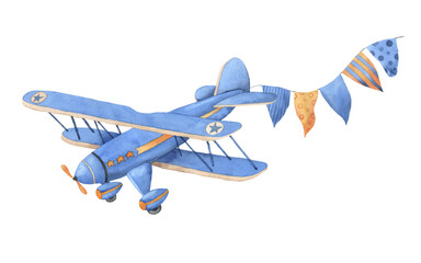 Watercolor illustration on white background with vintage airplane and garland flags. Hand drawing. Perfect for card, poster, baby design, boy's birthday. - obrazy, fototapety, plakaty