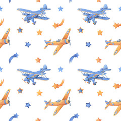 Seamless pattern with vintage airplanes and stars. Hand drawn watercolor illustration. Endless texture for baby design, decoration, greeting cards, posters, invitations, advertisement, textile.