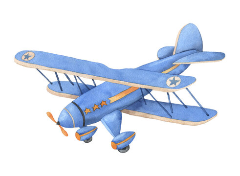 Watercolor Illustration On White Background With Vintage Airplane. Hand Drawing. Perfect For Card, Poster, Baby Design.