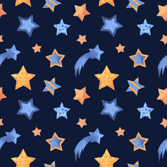 Obraz premium Seamless pattern with watercolor stars. Hand drawn illustration. Endless texture for design, decoration, greeting cards, posters, invitations, advertisement, textile.