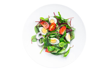 salad quail egg tomato, lettuce mix leaves healthy meal food snack on the table copy space food background rustic top view keto or paleo diet veggie vegetarian food no meat