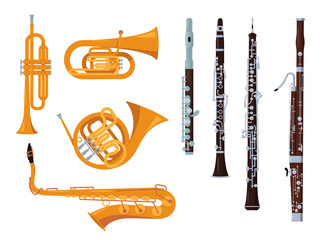Wind classical orchestral musical instrument set. Saxophone and French Horn, Trumpet and Tuba, Flute and Bassoon, Clarinet and oboe. Vector illustration in flat cartoon style isolated on white.