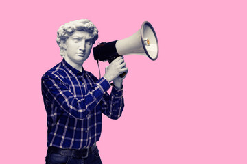 Abstract modern collage. The man with the plaster head of David with a megaphone on pink background