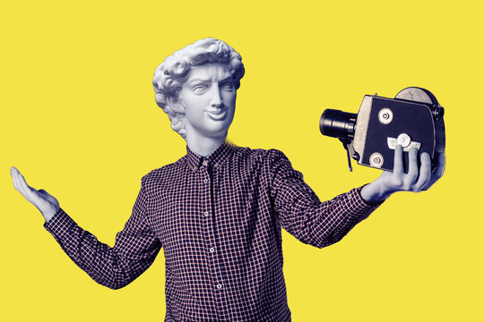 Abstract Modern Collage. The Man With The Plaster Head Of David In A Plaid Shirt Takes Himself Off To An Old Movie Camera. Selffi Concept