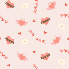 Seamless pattern for valentine's day - pink hearts, letter and flags.