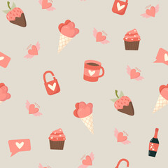 Seamless pattern for valentine's day - hearts, ice cream, lock, champaign, strawberry in chocolate