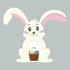 Bunny with Easter eggs. Basket with Easter eggs.