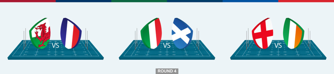 Rugby team Wales vs France, Italy vs Scotland, England vs Ireland on rugby field. - obrazy, fototapety, plakaty
