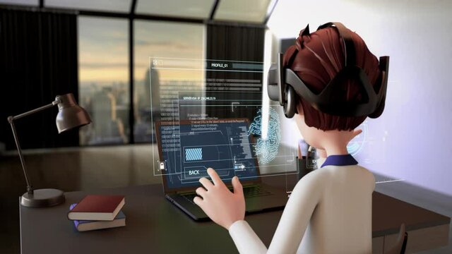The man working about data information analysis hologram HUD. with virtual reality technology glasses in office.3D rendering futuristic technology conceptual.