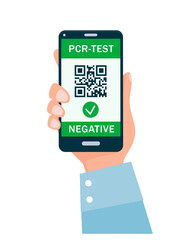 Hand holding smartphone with Negative PCR test QR-code on the screen. Covid-19 Health immune passport. Digital certificate or test result. Safe travelling concept flat vector illustration.