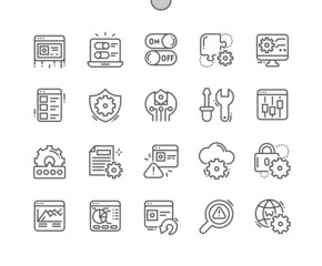 Setup and settings. Settings on computer. Customization tools. Memory monitoring app. Internet setup. Pixel Perfect Vector Thin Line Icons. Simple Minimal Pictogram