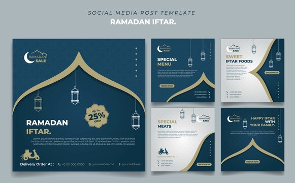 Set social media post template in Blue and white background design. Iftar mean is breakfasting and marhaban mean is welcome.