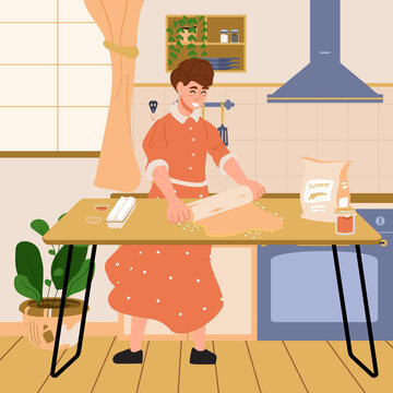 Woman rolling dough in kitchen. Happy housewife rolling pin on cookie dough. Person kneads dough. Adult woman baking cookies, pizza, pie or other sweets. Cartoon vector illustration.
