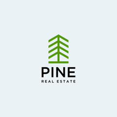 Pine tree logo design with abstract building for real estate business