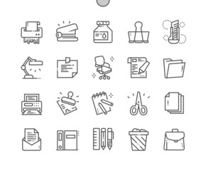 Office material. Shredder, stapler, ink, notebook, scissors and other. Pixel Perfect Vector Thin Line Icons. Simple Minimal Pictogram