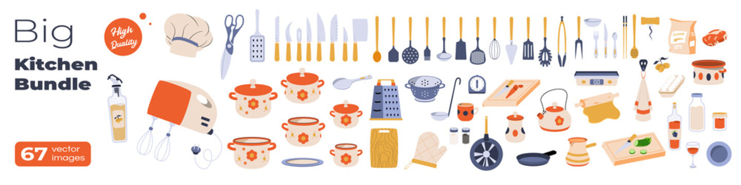 Kitchen utensils icons set in cartoon style. Big Collection of Kitchen tools and other cooking items. Bundle of cooking utensils items. Vector illustration.