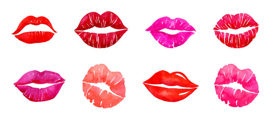 Watercolor kiss lips set. Pink, red, magenta lipstick, valentines day