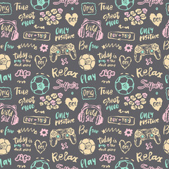 Colored girly seamless pattern on a gray background. Sports background with lettering, joystick headphones and soccer ball for textile. © SportArtGame