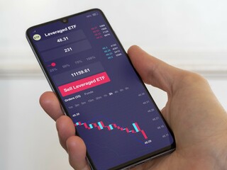 Stock exchange market chart, Stock market data on smartphone. Business analysis of an leveraged ETF
