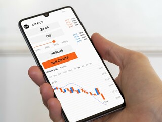Stock energies exchange market etf chart, stock energy market data on smartphone. Business analysis of an oil ETF