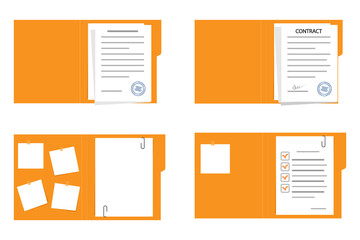 Open file folder with white leaf and sticky notes.Contract or document with text icon.Contract papers. Document, folder with stamp.Set of document case,paper case,notebook.Vector illustration.