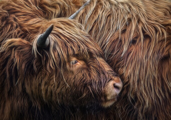 Closeup of a Scottish highland cattle ( hairy cow ) - obrazy, fototapety, plakaty