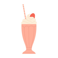 Milkshake with whipped cream and strawberry. Milk cocktail drink. Vector illustration in cartoon style. Isolated on white background.